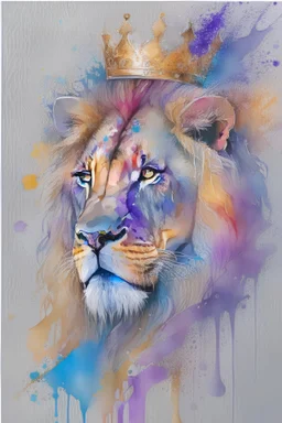 watercolor on transparent background paper, chromatic, zoom, very sharp, splash of colors on a white background, Mixed colors, Sharp detailed Lion with crown, half robot, details on eye, a detailed golden purple sunset fire style, Beach with light blue water, graffiti elements, powerful zen composition, dripping technique, & the artist has used bright, clean elegant, with blunt brown, 4k, detailed –n 9, ink flourishes, liquid fire, clean white background, zoom in,