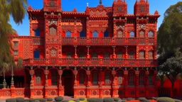 A red palace with fiery crystals designed in Australian aboriginal art painted by Lucas van Leyden