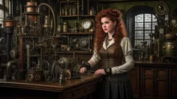 pale-faced woman with auburn wavy shoulder-length hair, with detailed steampunk metal arms and legs, dressed like a Victorian, in a laboratory full of small machines