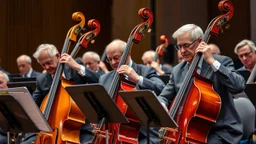 Elderly pensioners playing double bass instruments in an orchestra. Photographic quality and detail, award-winning image, beautiful composition.