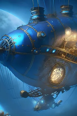 steampunk airship flying, cinematic lighting, intricately detailed, dark blue tones,