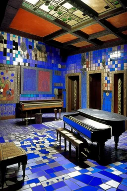 A blue violet mansion with floating instruments designed in ancient Roman mosaics painted by Paul Klee