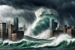 storm of the century, wall of water barreling into Boston harbor, flooding, downpour, tornados, lightning, tidal wave, dramatic typhoon crashing into city cresting storm walls, raging storm, modern disaster movie scene, by Michael Bay, by Stephen Wilkes, building breaking apart, maximalism dystopia