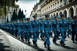 Soldiers marching in formation; military parade; marching along a street; blue uniforms; Rifles in their hands;