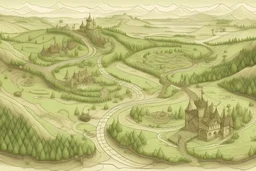 créer une carte illustrée dessinée au crayon de papier, représentant plusieurs parcelles d'un grand vignoble, dans les codes graphiques de la carte du seigneur des anneaux, avec des dessins d'un petit chateau style maison bourgeoise, des rivières, des collines, et des villages
