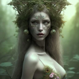 Portrait of beautiful girl, plant, metal, feathers, Dryad, fae, sidhe, ominous, nature, plants, wildflower, facepaint, dnd character portrait, intricate, oil on canvas, masterpiece, expert, insanely detailed, 4k resolution, retroanime style, cute big circular reflective eyes, cinematic smooth, intricate detail , soft smooth lighting, soft pastel colors, painted Renaissance style,bokeh, 800mm lens