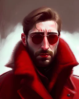 a young man who looks like hans gruber wearing a heavy coat and red sunglasses staring with an irritated look on his face