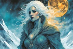 create a highly detailed high fantasy portrait illustration of a sensual sorceress clothed in hoarfrost, amidst a swirling blizzard on the eve of Samhain under the watch of a baleful moon in the graphic novel style of Bill Sienkiewicz, with highly detailed facial features and clothing, with an otherworldly and ethereal background by Van Gogh