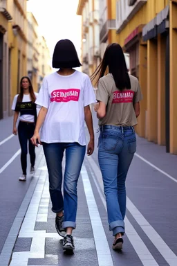 mujeres caminando por una céntrica calle de una ciudad española, visten ropa de segunda mano, camisetas y vaqueros, es la moda y es tendencia, fotografía real, de cara a la cámara