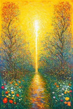 The struggle between powerful conflicting forces generates an inner tension or friction in the soul that produces an overwhelming fount of energy. This energy naturally seeks to discharge itself through extraordinary deeds, ambitious ventures, and creative achievements.; Post-Impressionist painting inspired by Klimt and Hundertwasser; Golden Hour; Exquisitely Detailed; Nature Palette