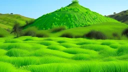 A lime green steppe near hills designed in Mexican folk art painted by Antoni Gaudi