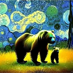 Dibujo al oleo de un oso grizzlie con su cria en el bosque con nubes estilo Vincent van Gogh