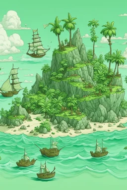 A mint colored island with pirate ships designed in Ica stones painted by Paul Ranson