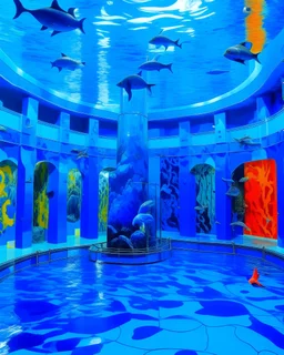 A blue aquarium theme water park resort painted by Andy Warhol