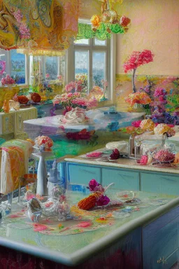 Beautiful ice-cream sundaes on a modern kitchen counter, on embroidered lace, Hyper realistic, oil on canvas award winning fantastic view ultra detailed acrylic art Ultra realistic Impressionism Surrealism simen johan, sharp focus intricate oil on canvas cinematic lighting photorealistic high detail ultra detailed crisp quality in sunshine