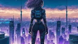 Clear Focus, High resolution, Beautiful girl standing backwards to a Cyberpunk skyline, comic style