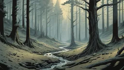 the terrifying forest with a thousand teeth and claws. a dried out creek. remains in the ground of an ancient battle. a few rotting skeletons. no lights. Mark Brooks and Dan Mumford, comic book art, perfect, smooth