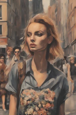 Ginger hair Alexandra "Sasha" Aleksejevna Lussin ,Punk rock girl style Margot Robbie and Emily Ratajkowski of lovely bombshells walk in Stocholm city in street" oil paiting fantasy psychology dream, symptom, paint Salvador Dalí style in the New York City facial features resembled