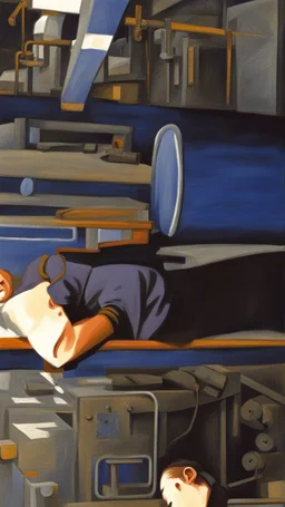 Draw a picture of a very sad factory worker working and with tears in his eyes.