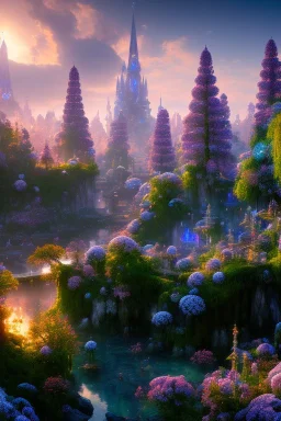 landscape, city of the elves, rose, blue, sunrise, crystal domes, glistening oiled shiny, intricate, Exquisite details and textures, highly detailed, digital painting, artstation, concept art, sharp focus, nature background, illustration, 8k, by stability ai, nvidia