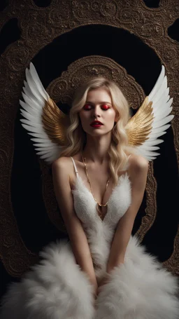 A beautiful, blonde girl in her twenties, with white wings, and a red ring over her eyes. She holds a golden wing in her hand. She sleeps on a luxurious black carpet. Cinematic photo from above.