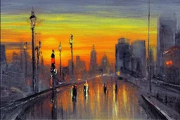 City, distant city, sunset, people, street, Street reflections, cars, lesser ury impressionism painting