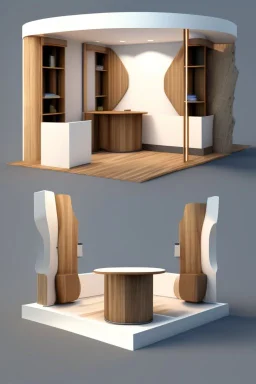 Corner exhibition stand in light colors with wood elements with two meeting areas