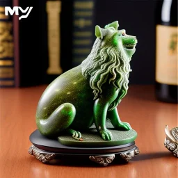 green olivine stone figurine, ancient, magic,on dark wooden table with drinking glass, hairy hand