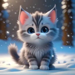 A Cute Pixar animation style of a kitten in a winter wonderland, fashion, 3D rendering, illustration, anime, typography, fashion, photo, 3d render, 8K, 4K, hyper realistic, exquisite detail