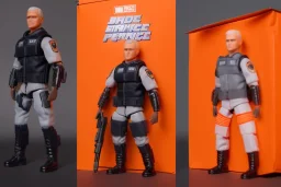 Mike Pence G.I. Joe action figure Doll Space force uniform inside a blister packaging hanging on a Wallrack in toy store, fluorescent orange, toy guns, wide angle shot whole body, black boots, fullsize