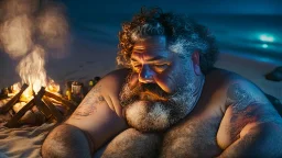 top view photography of a sicilian baywatcher burly sweat chubby 52 years old , swimwear, manly chest ,tattoo, curly hairs, beard, relaxing with open arms on the beach at midnight , illuminated by bonfire, photorealistic, 8k, Canon EOS, 35mm lens, , unreal engine, greg rutkowski, loish, rhads, beeple, makoto shinkai and lois van baarle, ilya kuvshinov, rossdraws, tom bagshaw, alphonse mucha, global illumination, detailed and intricate environment