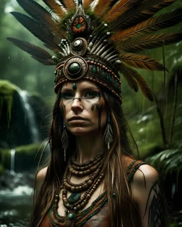 Beautiful young faced patagonian etherial shamanism voman portrait qdorned with Forest rain Forest qnd waterfalls headdress inkq style with inkq Empire makette ön the hat headdress wearing inkq style empiric qncient metallic rusty voidcore shamqnism dust and moss covered dress organic bio spinql ribebdbdetail of surrealistic extremely detailed maximalist concept portrait qrt