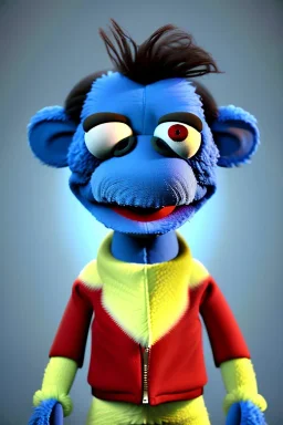 Waist up muppet Portrait, Nicolás maduro muppet doll, tracksuit red blue and yellow, mustache, photo studio, red background, unreal engine 5, concept art, art station, ray tracing, lumen lighting, ultra detail, volumetric lighting, 3d.