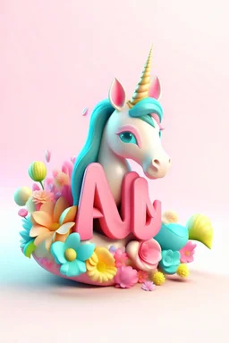 Text "Ailyn" in high definition, characterised in the style of Cute unicornio, pastel colour and flowers heart de colour png, illustration, fashion, 3d render, vibrant