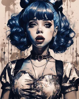 Poster in two gradually, a one side the Singer Melanie Martinez face, full body, painting by Yoji Shinkawa, darkblue and sepia tones,sinister, detailed iridescent, metallic, translucent, dramatic lighting, hyper futuristic, digital art, shot with Sony Alpha a9 Il and Sony FE 200-600mm f/5.6-6.3 G OSS lens, natural light, hyper realistic photograph, ultra detailed -ar 3:2 -q 2 -s 750,malevolent goth vampire girl face and other side