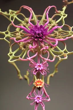 Elaborate skeleton lattice with multicolored blooming alien flowers growing through it.