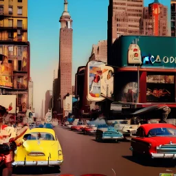 Picture 1950's street life, people, New York, blurry, abstractism, colours, strong texture, 3d, chaotic