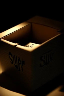 The fingertips of a clawed hand emerging from the top flaps of a cardboard box, the word "surprise" handwritten on the front surface. The box is in a darkened storeroom with a single light source from an ajar door.