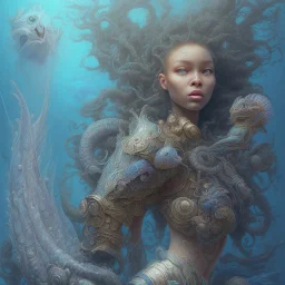 sango fantasy, fantasy magic, intricate, sharp focus, illustration, highly detailed, digital painting, concept art, matte, artgerm and paul lewin and kehinde wiley, masterpiece sexy lips Hawaiian afro lips black African lady body mermaid lionfish head blue space lady beach sea under water mermaid seaweed