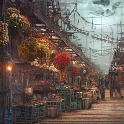 Insanely detailed photograph of an “artitcture plans of a city market at a dock ” with intricate gears, intricate embroidered band, hyperdetailed painting by Ismail Inceoglu Huang Guangjian and Dan Witz CGSociety ZBrush Central fantasy art album cover art,8K, hdr, romantic, mysterious, ominous, flowers, jewelry, steam,oil,cafe,street vendors