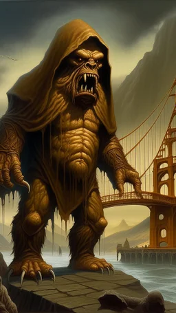 Bosch nightmares paining style Title:the angry giant hooded creature standing tall in front of San Francisco golden bridge , 8k artistic photography, photorealistic concept art, soft natural volumetric cinematic perfect light, chiaroscuro, award-winning photograph, masterpiece, oil on canvas, Raphael, Caravaggio’s, Greg Rutkowski, people, beksinski, Giger