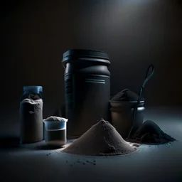 Realistic photograph of a dark studio setting with a shaker for protein powder, a scoop of protein powder and a protein powder bucket. High resolution.