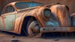 A photorealistic image of a rusted vintage car, with a focus on the intricate details of its faded paint job, the wear and tear on the tires, and the aged textures of the metal body. Use the multi-prompt "car::photorealistic::rust" with a prompt weighting of "rust" to emphasize the aged textures and worn out look of the car. --ar 7:4