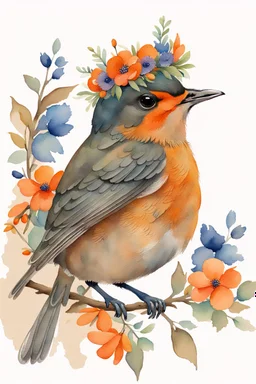 This enchanting, extremely detailed watercolor features a 3/4 closeup portrait of a vibrant Robin, adorned with flowers and a foliage crown, setting on a branch against a heavily textured beige background. nature and whimsy in a botanical style. The piece boasts warm orange and cool blue hues. .