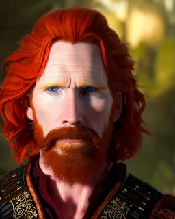 Portrait of courtney gains as a ruggedly handsome but joyful roguish pirate, charismatic, attractive male, masculine, perfect, precisely detailed, lightly freckled face, meticulously detailed multi-hued ginger carrot cherry fire red hair; malachai of the corn; fantasy, intricate, elegant, highly detailed, digital painting, artstation, concept art, matte, sharp focus, illustration, art by artgerm and greg rutkowski and alphonse mucha