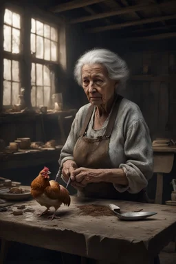 "A an old paints cracked dirty abandoned barn an old woman holding a chicken from the neck in one hand and holding a knife on the other hand on the table , , insanely detailed octane render trending on artstation, 8k artistic photography, photorealistic concept art, soft natural volumetric cinematic perfect light, chiaroscuro, award-winning photograph, masterpiece, oil on canvas, Raphael, Caravaggio, Greg Rutkowski, people, beksinski, Giger
