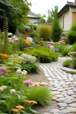 garden design with perennial flowers with muted colours. where diffrent stones materials are in focus