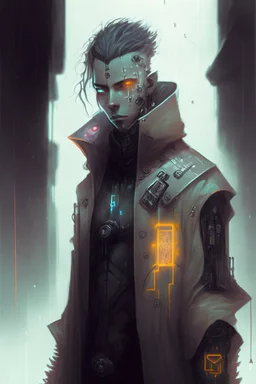 Cyberpunk netrunner, cybernetic eyes, standing in mists, Male, Spanish, dark art, Ivory Peach skin, cute