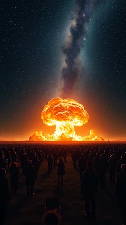 A field of random people in a bright lighting , at the end of the picture the universe with stars sky in a dark background with a huge nuke explosion behind the explosion ,
