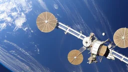 large wheel shaped space station orbiting the earth